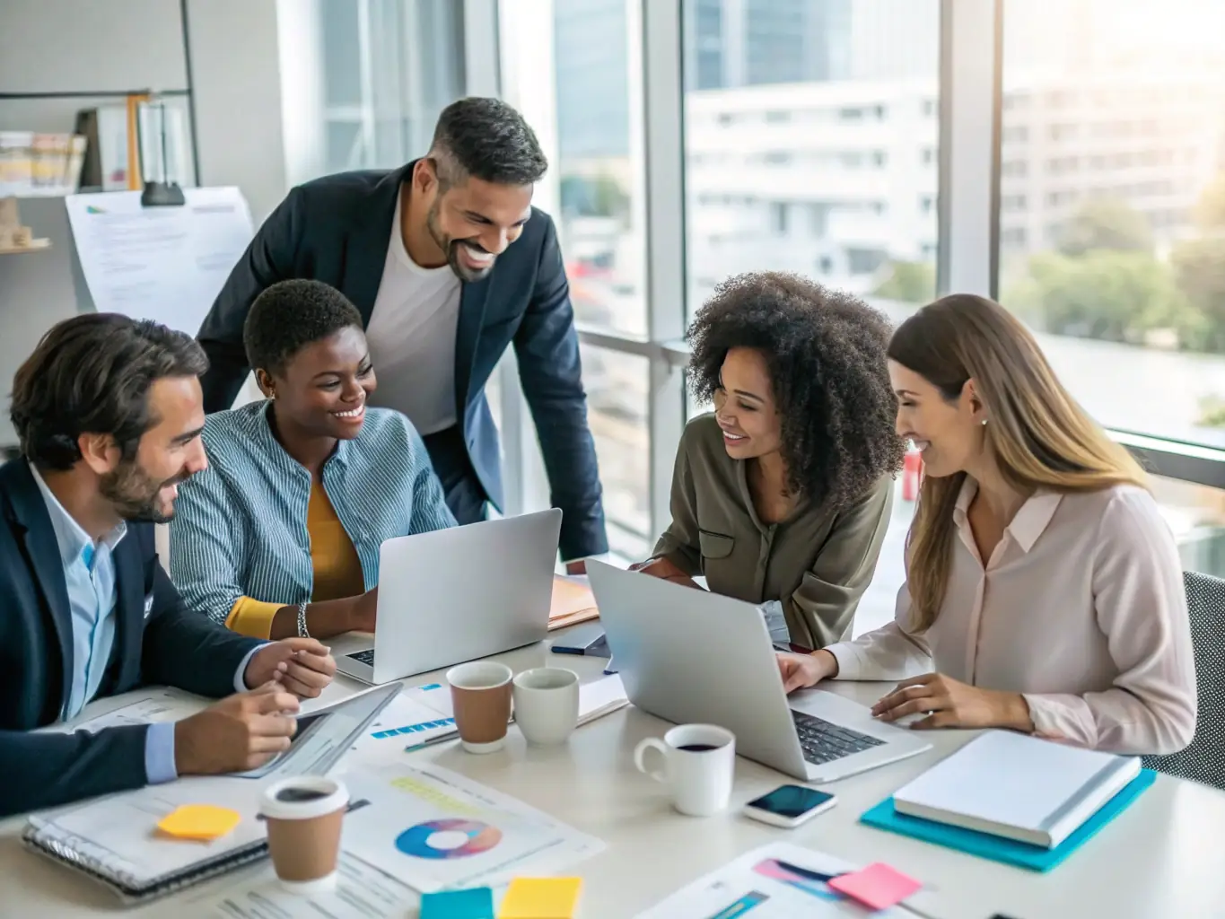 A diverse team of digital marketing experts collaborating in a modern office setting, showcasing their expertise and teamwork.