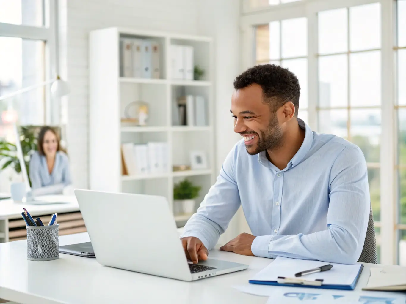 A friendly account manager discussing marketing strategies with a local business owner, emphasizing the personalized approach.