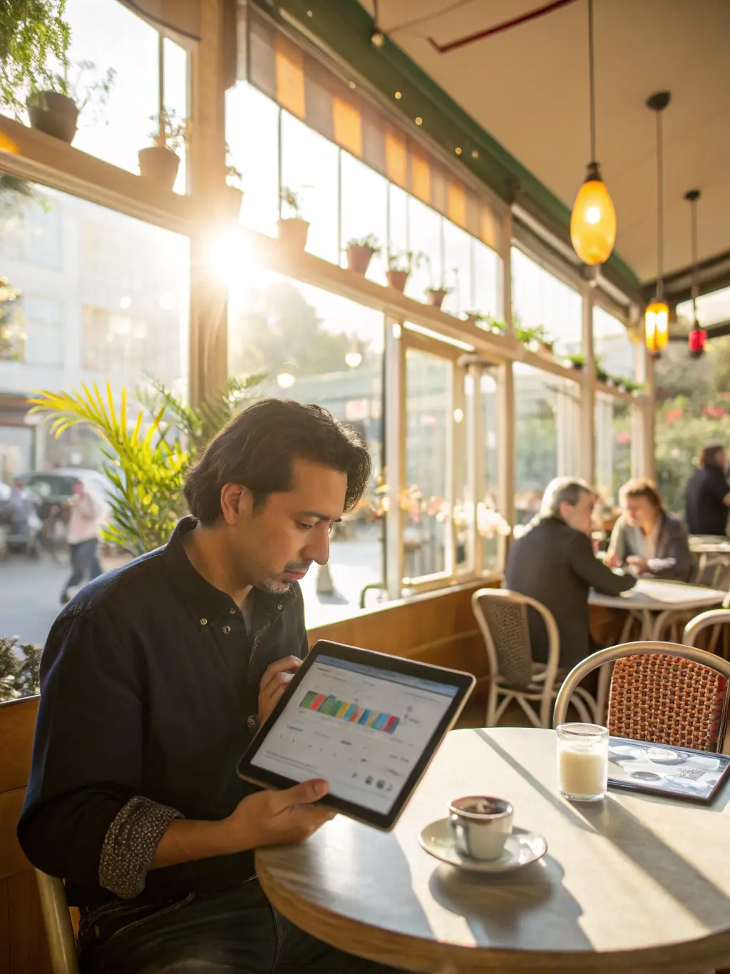 An image showing a small business owner reviewing local search results on a tablet, with a map highlighting their location, used to represent Team Red Laser's Local Digital Marketing services.