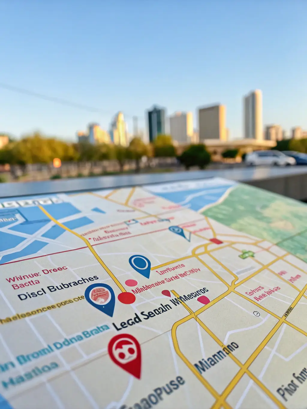 An aerial view of a city with pins dropping on Google Maps, highlighting various local businesses and their locations, symbolizing improved maps ranking and visibility.