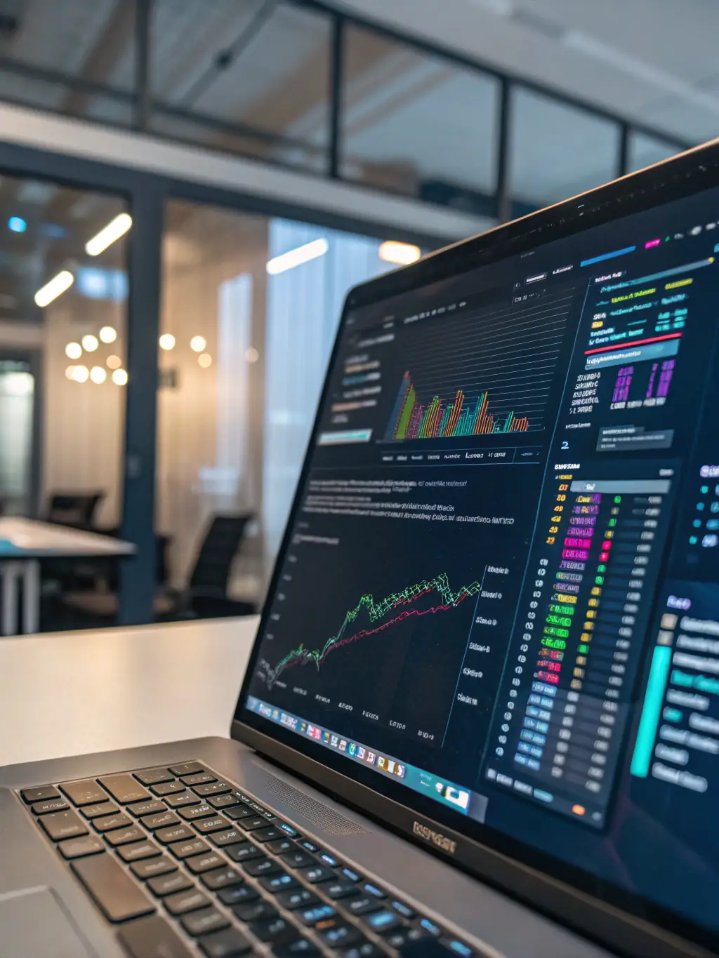 An illustration of AI algorithms analyzing search data with a digital interface showing upward ranking trends, used to represent Team Red Laser's AI Ranking services.